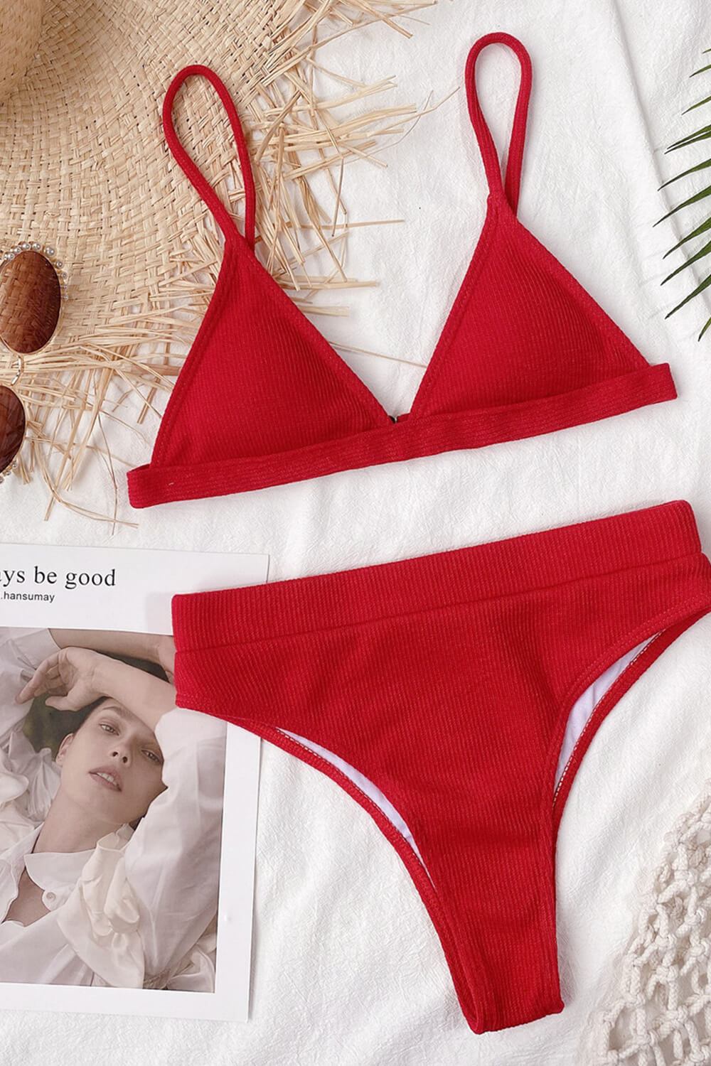 Red Rib Triangle Bikini Top - MomyMall