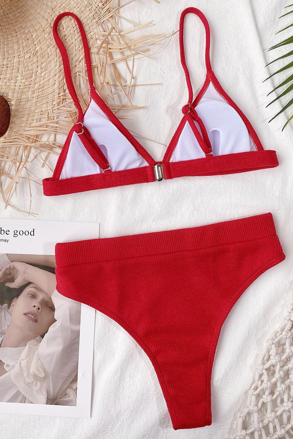 Red Rib Triangle Bikini Top - MomyMall