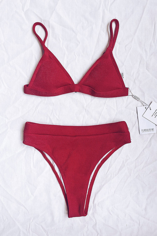 Red Ribbed High-Waisted Bikini Bottom - MomyMall