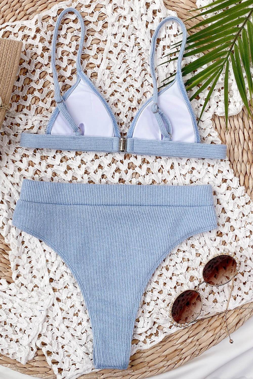 Light Blue Ribbed High-Waisted Bikini Bottom