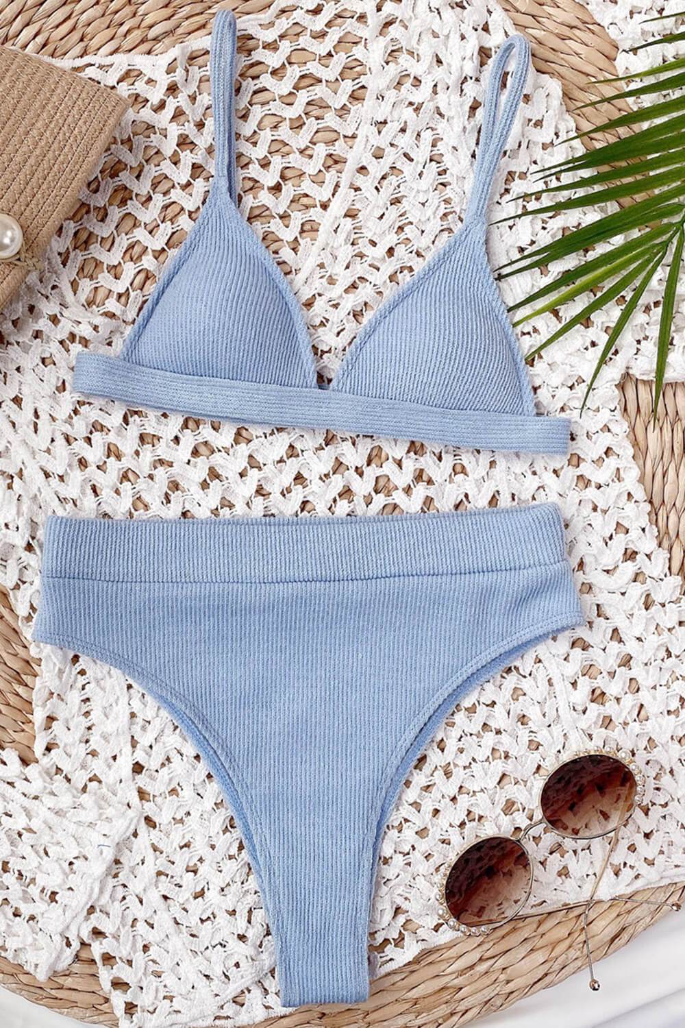 Light Blue Ribbed High-Waisted Bikini Bottom