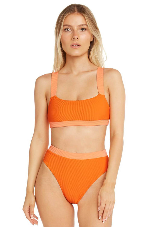 Orange Yellow Blocked Rib High Waisted Bikini Bottom