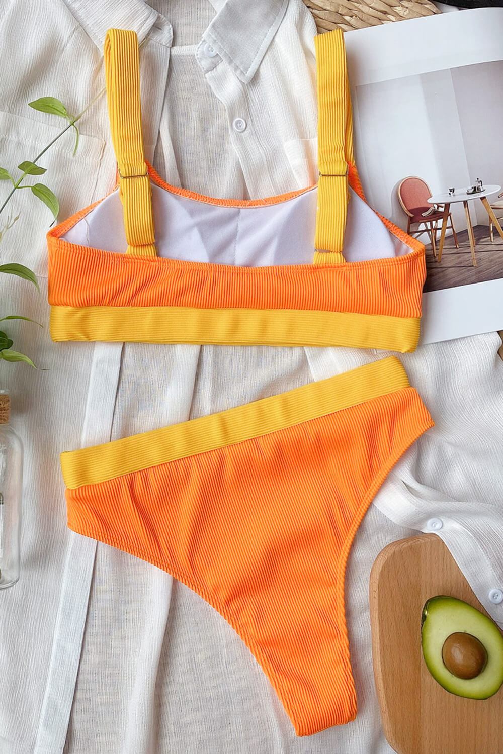 Orange Yellow Blocked Rib Sproty Bikini Top