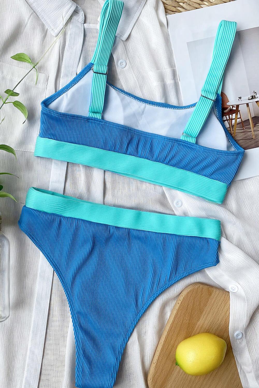 Blue Blocked Rib Sproty Bikini Top