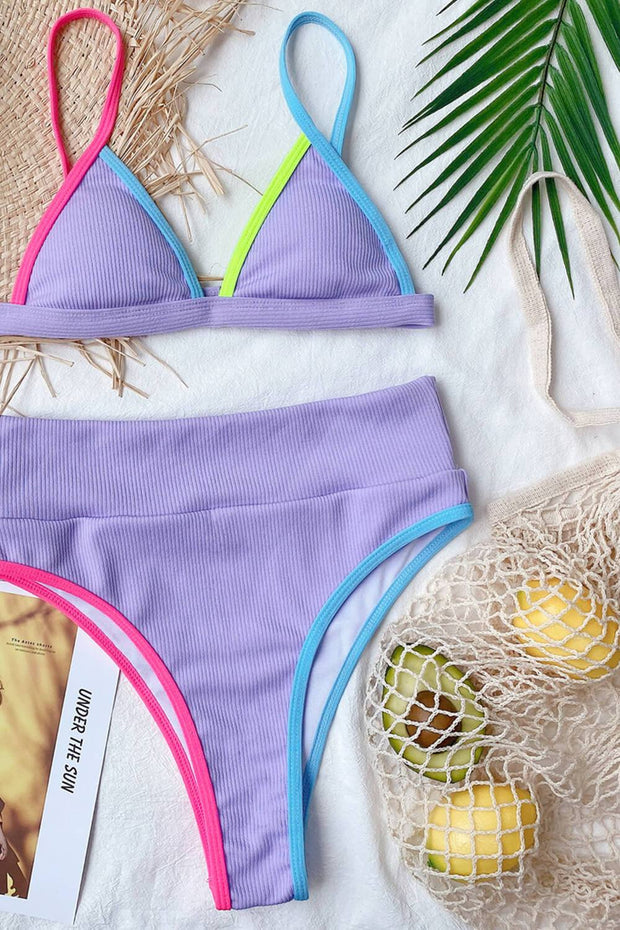 Purple Colorblock Rib Triangle Bikini Top