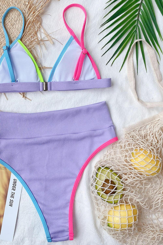 Purple Colorblock Rib Triangle Bikini Top