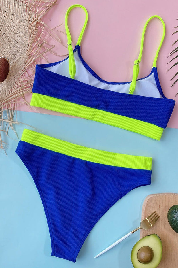 Neon Blue Blocked Blocked Rib High Waisted Bikini Bottom