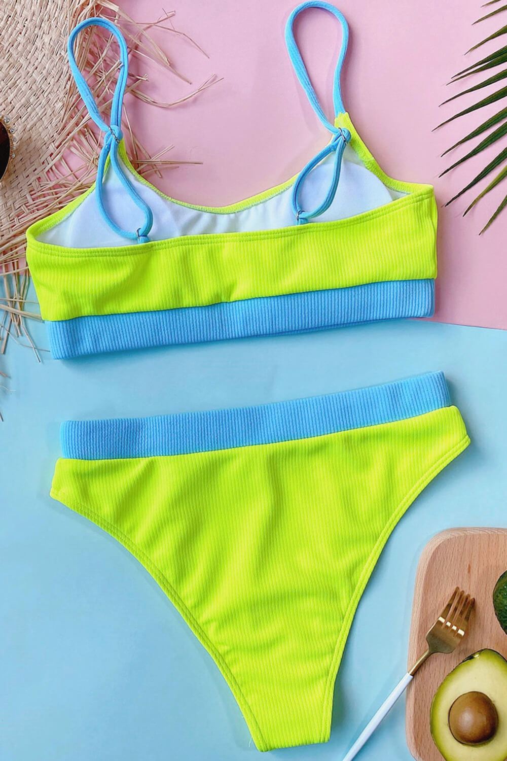 Light Blue Blocked Rib Sporty Bikini Top - MomyMall