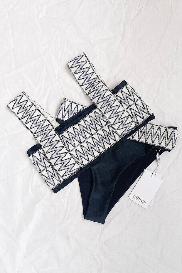 Haut de bikini tissé noir à motif zigzag