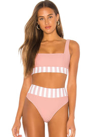 Bas de bikini taille haute rayé rose