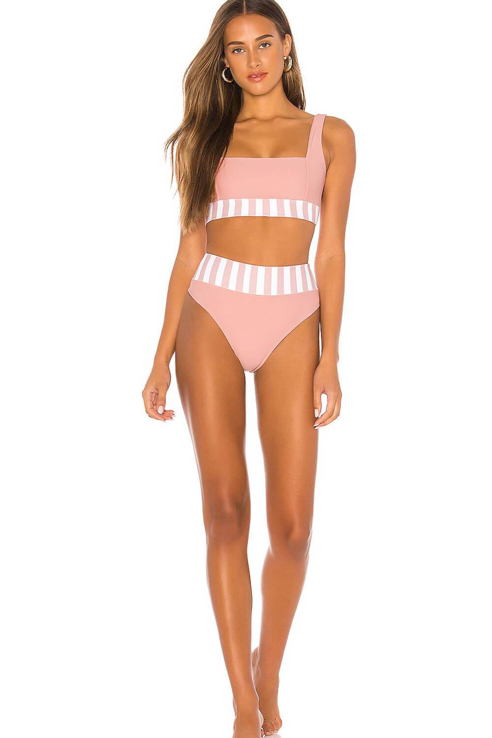 Bas de bikini taille haute rayé rose