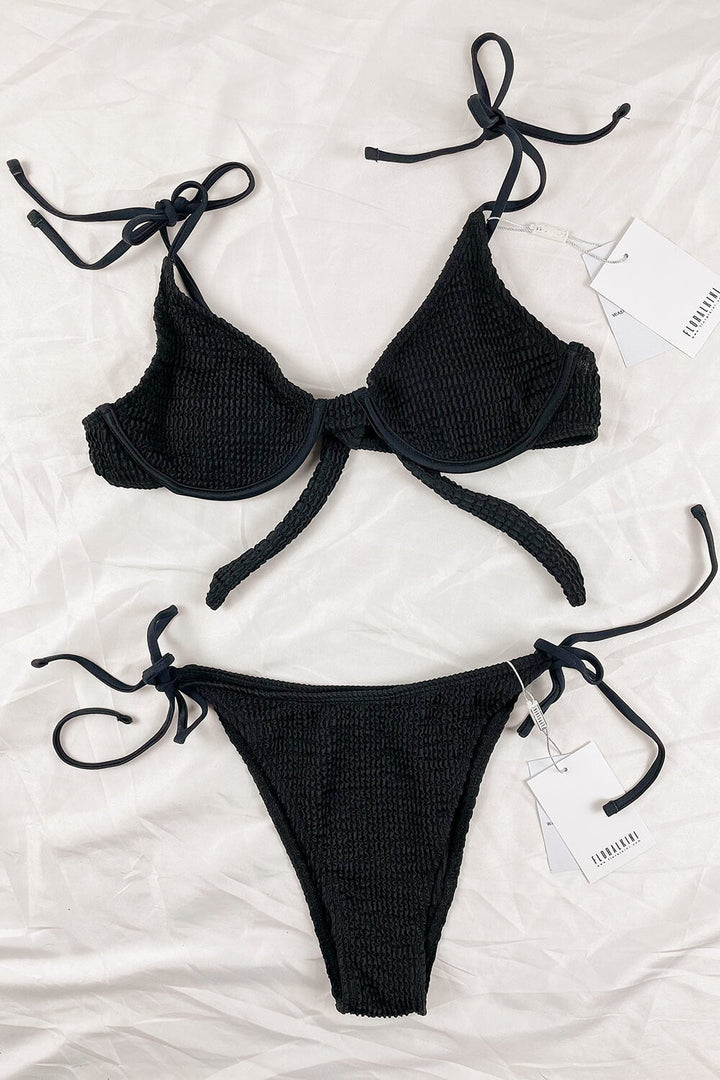 Black Crinkle Underwire Tie Shoulder Bikini Top - MomyMall