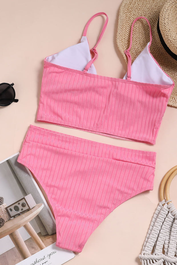 Pink Textured Long Line Plunge Bikini Top - MomyMall