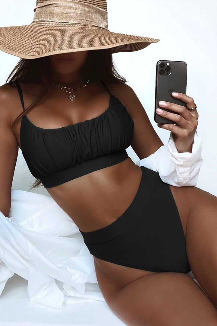 Black Ruched Scoop-Neck Crop Bikini Top - MomyMall