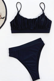 Black Ruched Scoop-Neck Crop Bikini Top - MomyMall