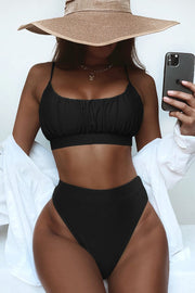 Black Ruched Scoop-Neck Crop Bikini Top - MomyMall