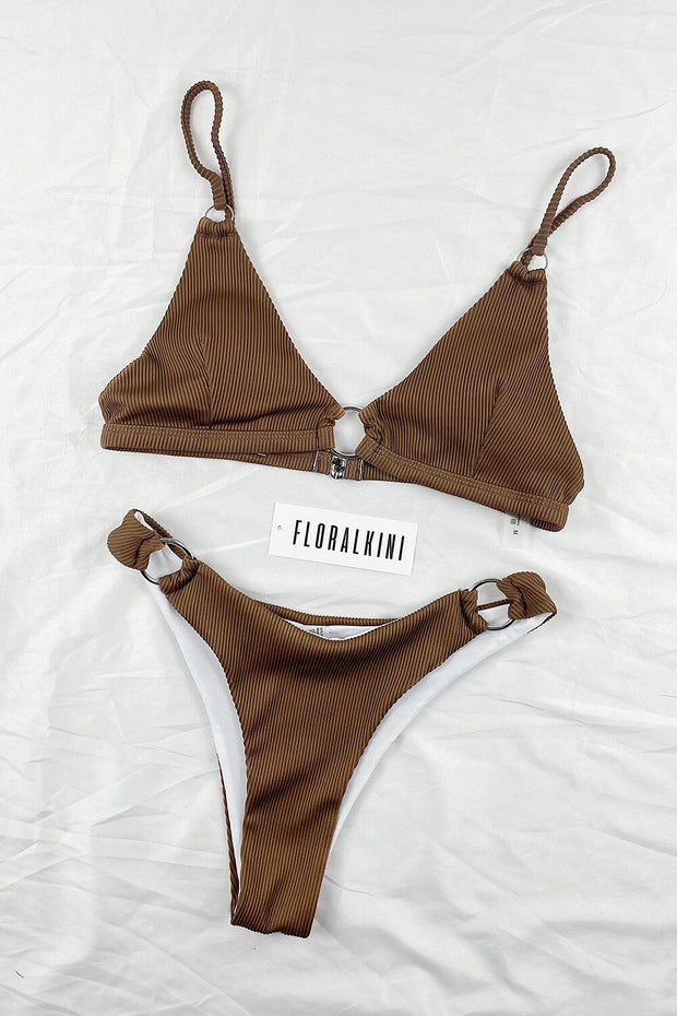 Chocolate Ribbed Ring Detail Triangle Bikini Top - MomyMall