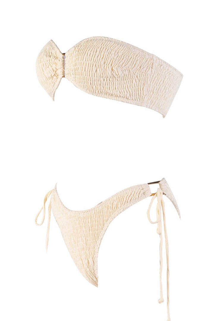 Cream Crinkle Ring Detail Tie Side Bikini Bottoms - MomyMall