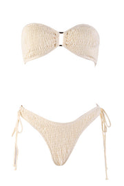 Cream Crinkle Ring Detail Tie Side Bikini Bottoms - MomyMall