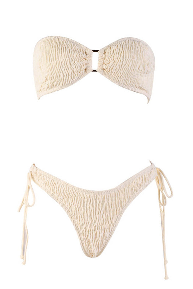 Cream Crinkle Ring Detail Tie Side Bikini Bottoms - MomyMall