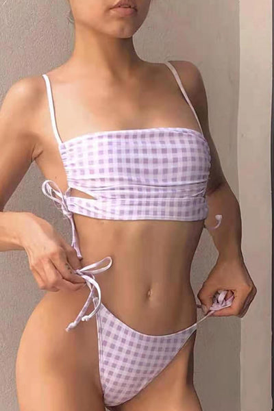 Pink Gingham Cut-Out Lace-Up Side Long Line Bandeau Bikini Top