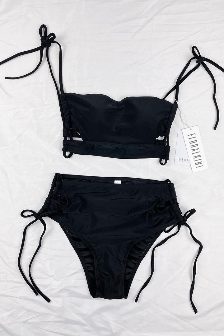 Black Criss Cross Cutout Lace-Up Side Long Line Bandeau Bikini Top - MomyMall