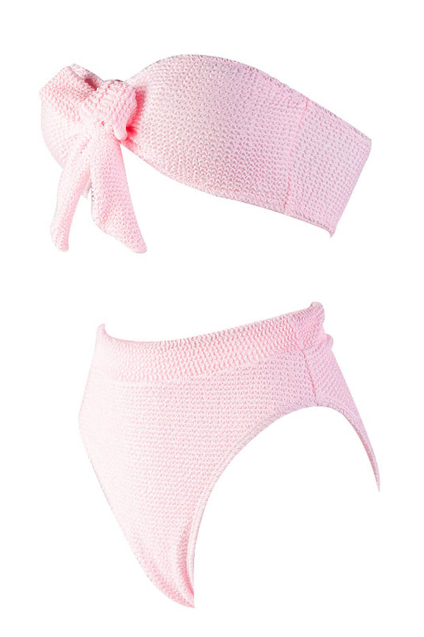 Pink Crinkle Tie-Front Bandeau Bikini Top - MomyMall