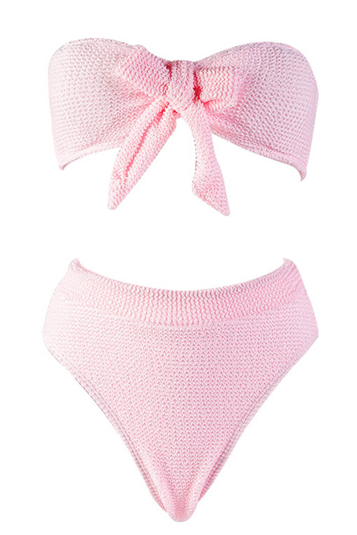 Pink Crinkle Tie-Front Bandeau Bikini Top - MomyMall
