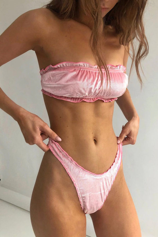 Pink Rib Velvet Ruched Bikini Bottoms