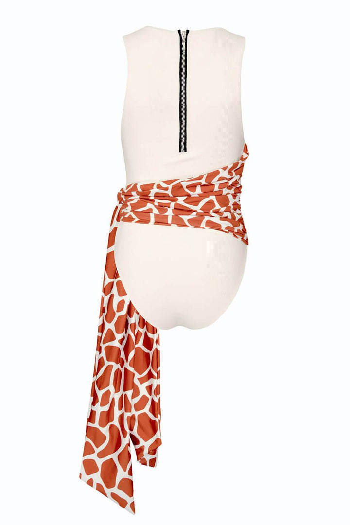 White Ribbed One Piece Swimsuit With Giraffe Pattern Tie - MomyMall