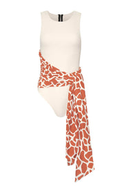 White Ribbed One Piece Swimsuit With Giraffe Pattern Tie - MomyMall