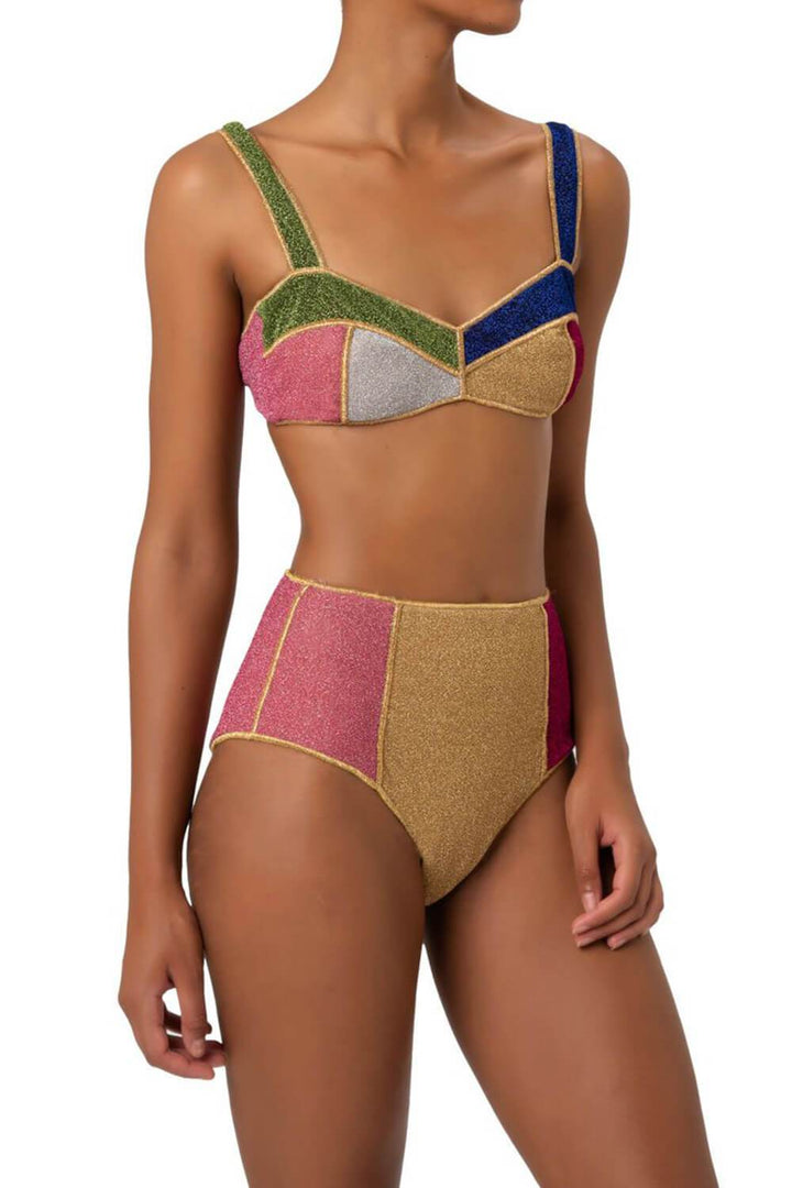 Multicoloured Shimmer Color-Block Velvet High Waisted Bikini Bottom - MomyMall