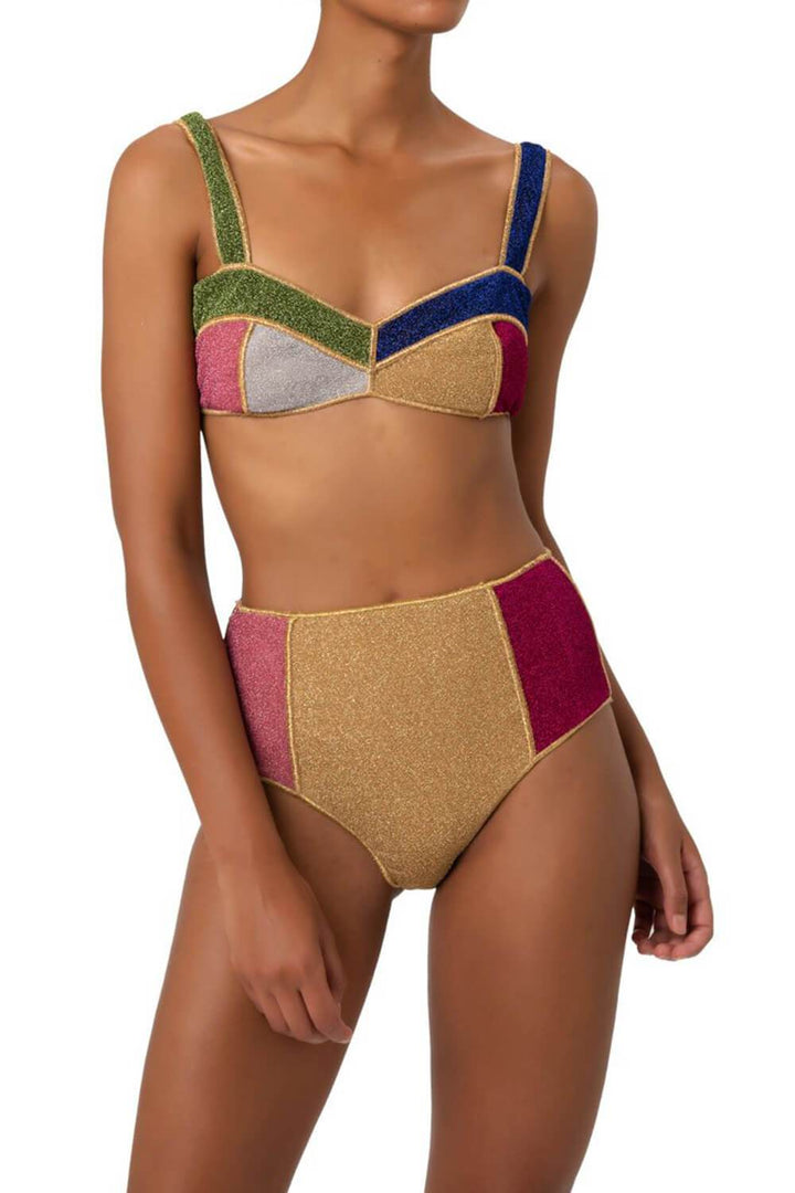 Multicoloured Shimmer Color-Block Velvet Bustier Bikini Top - MomyMall