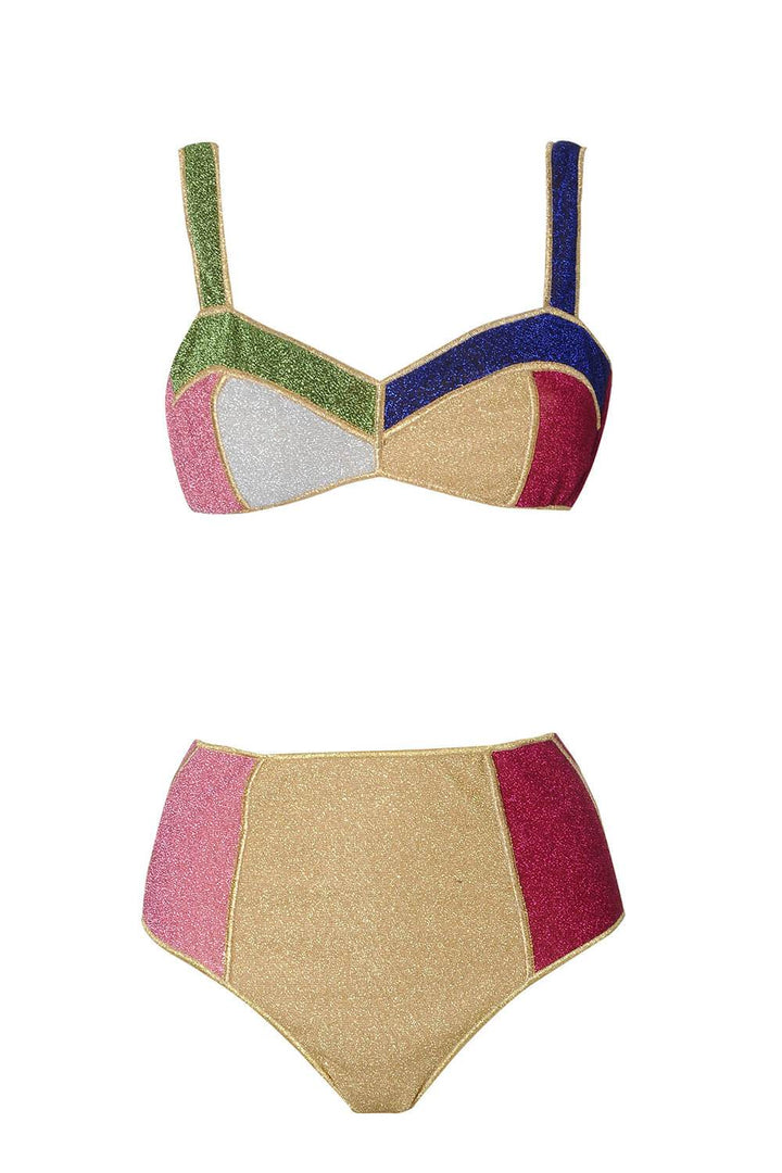 Multicoloured Shimmer Color-Block Velvet Bustier Bikini Top - MomyMall