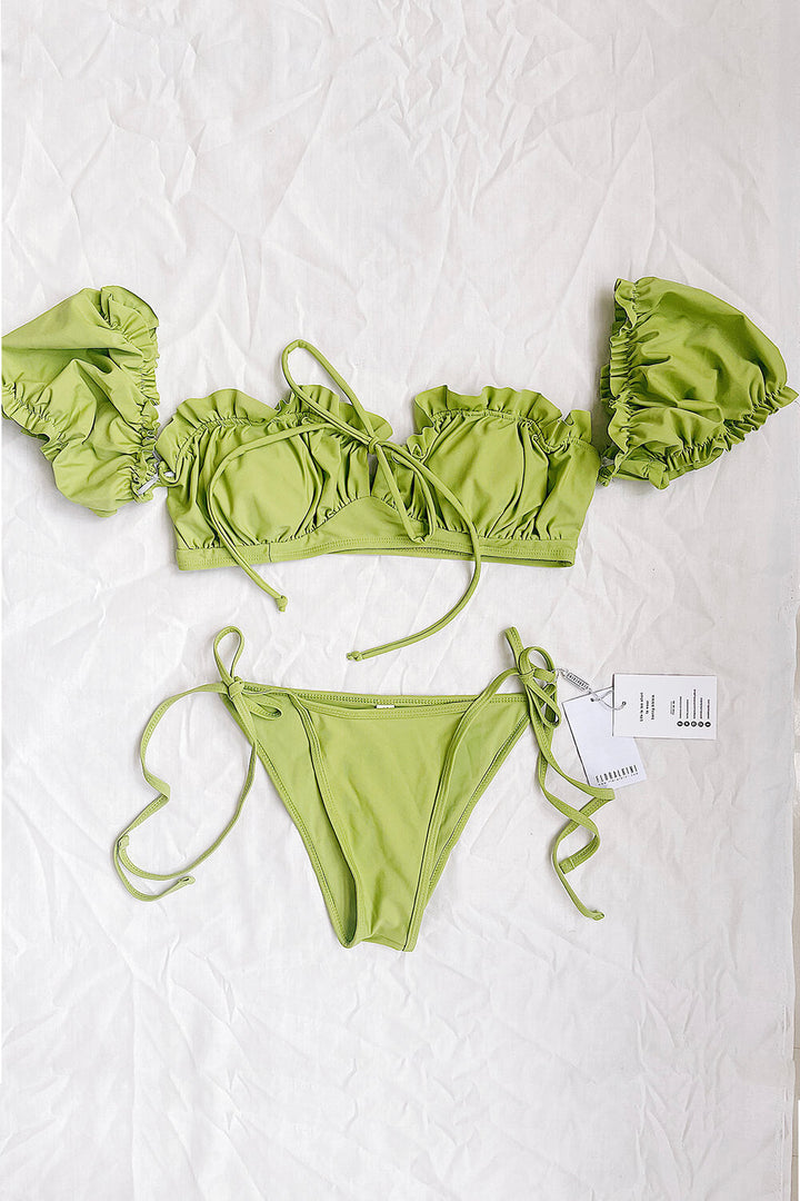 Pistachio Green Puff Sleeve Ruffled Milkmaid Bardot String Tie Bikini Top - MomyMall