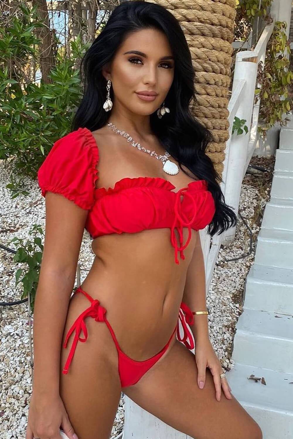 Red Puff Sleeve Ruffled Milkmaid Bardot String Tie Bikini Top - MomyMall