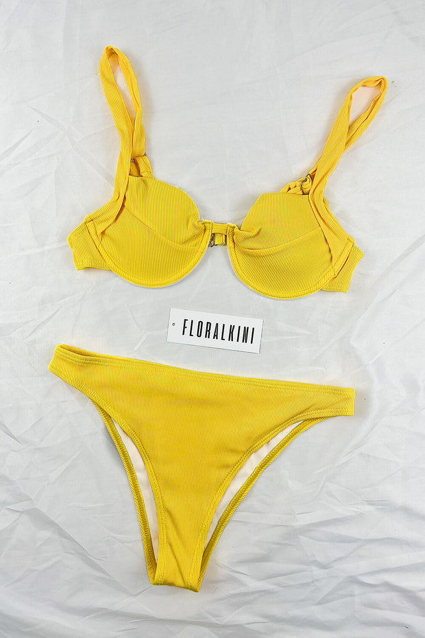 Bas de bikini taille haute côtelé jaune