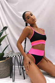 Black With Neon Watermelon And Pink Sporty Bikini Top