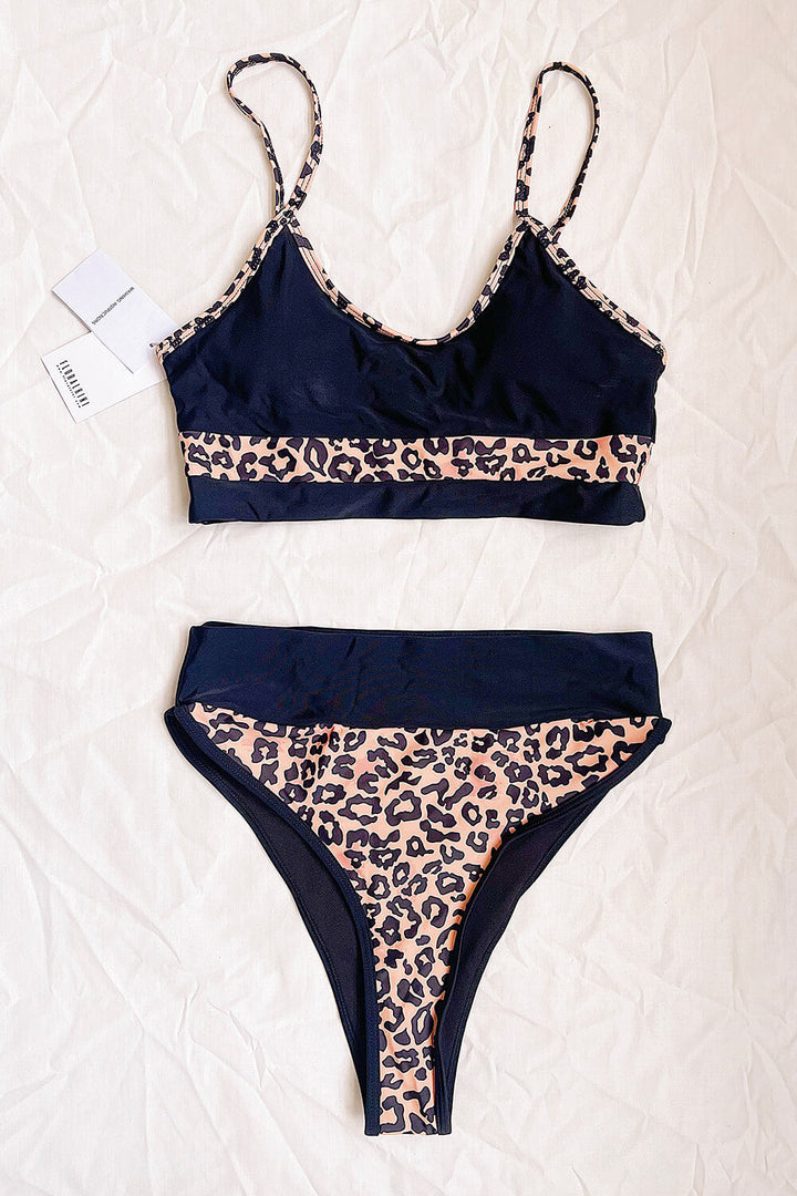 Black And Leopard Print Blocked Sporty Bikini Top - MomyMall