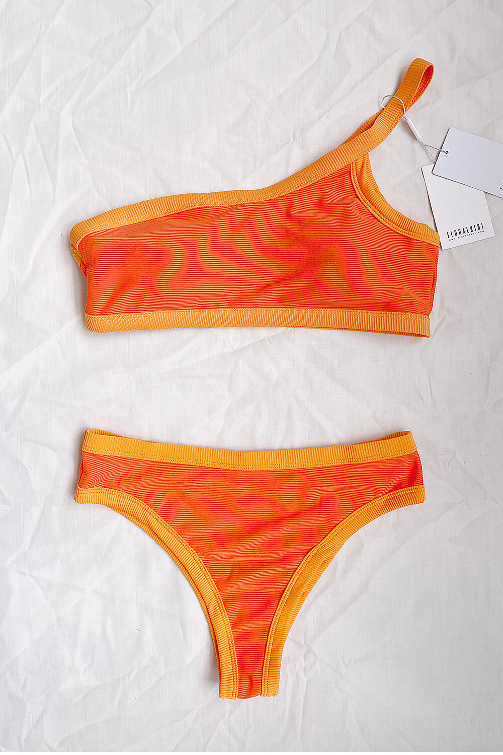 Orange Blocked Ribbed One Shoulder Bikini Top - MomyMall