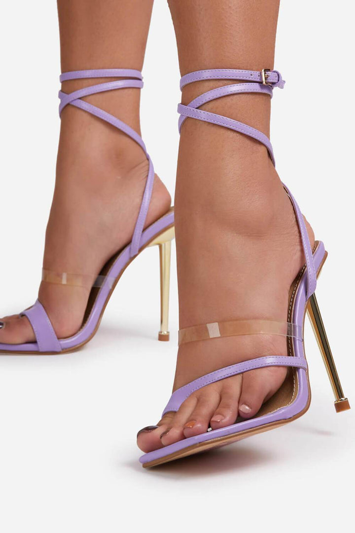 Lilac Faux Leather Lace Up Clear Perspex Square Toe Metallic Heel - MomyMall