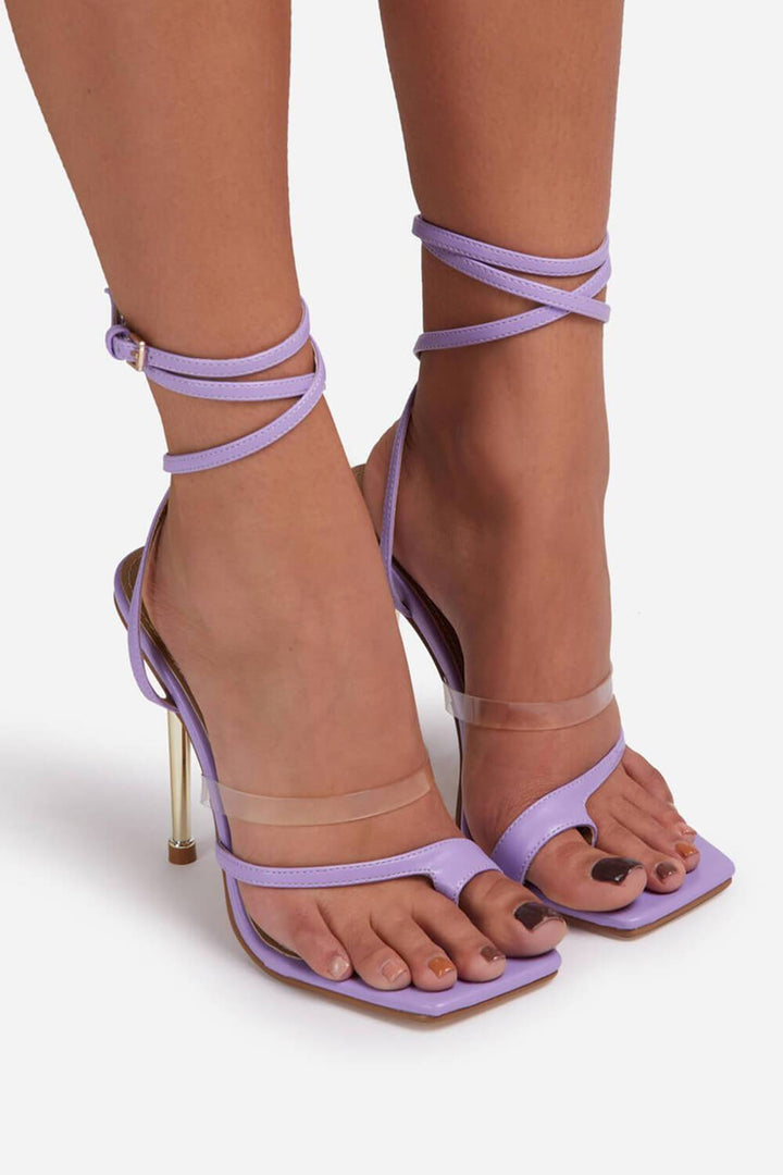 Lilac Faux Leather Lace Up Clear Perspex Square Toe Metallic Heel - MomyMall