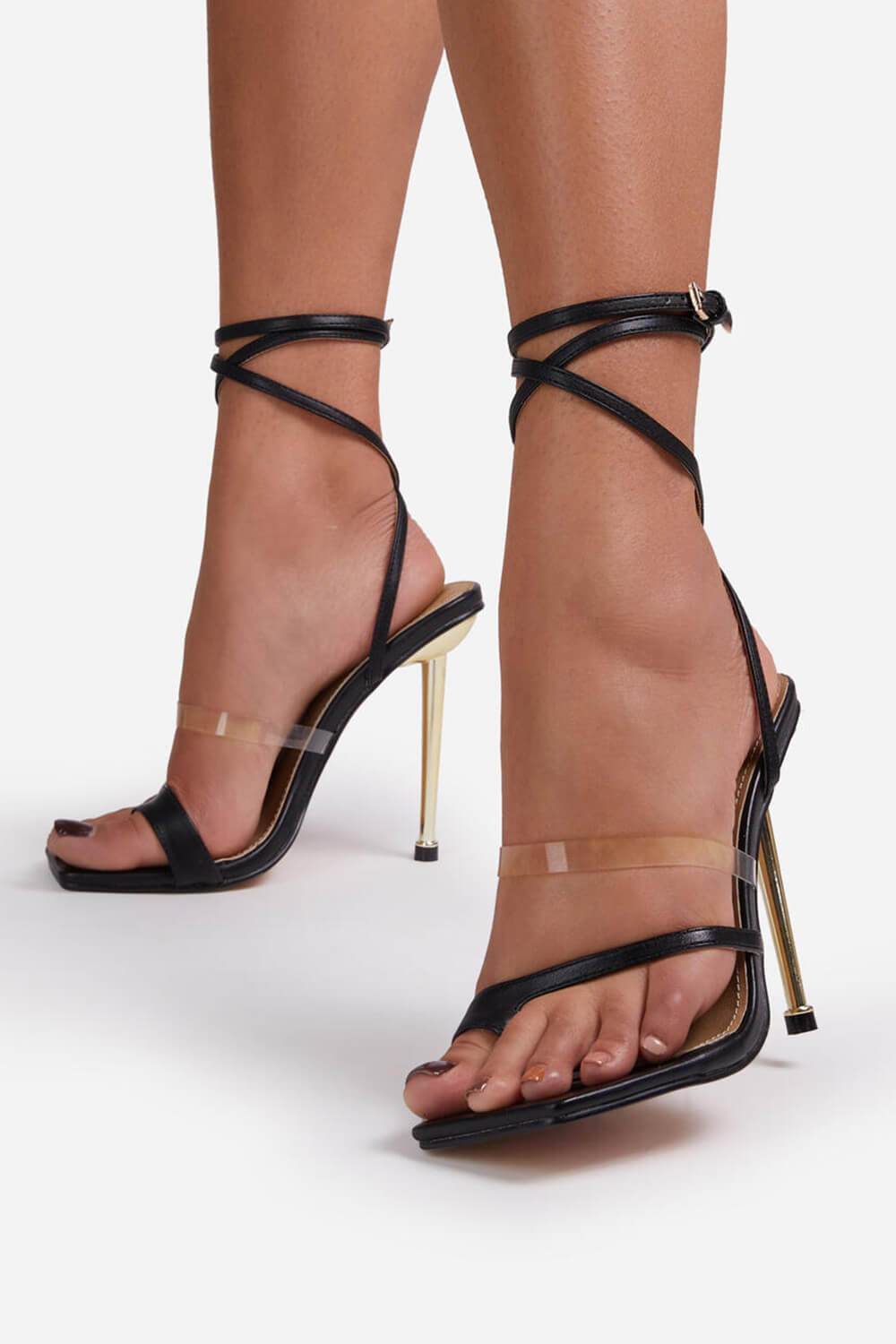 Black Faux Leather Lace Up Clear Perspex Square Toe Metallic Heel