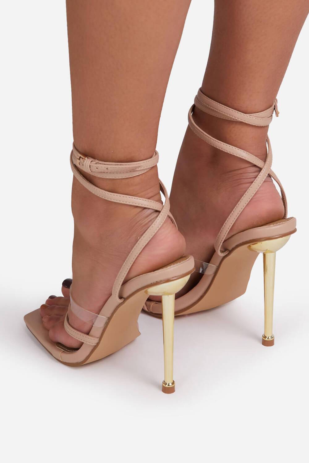 Nude Faux Leather Lace Up Clear Perspex Square Toe Metallic Heel