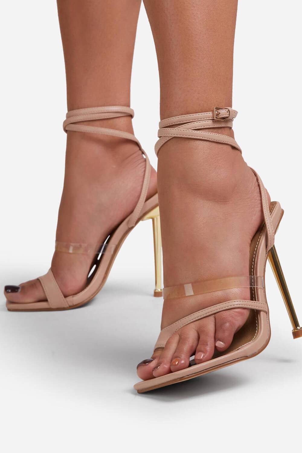 Nude Faux Leather Lace Up Clear Perspex Square Toe Metallic Heel