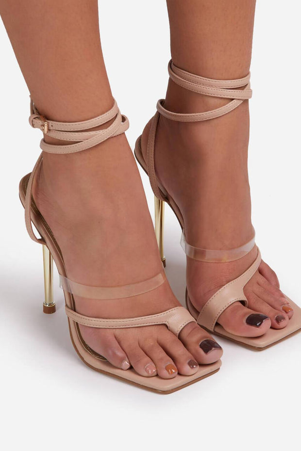 Nude Faux Leather Lace Up Clear Perspex Square Toe Metallic Heel