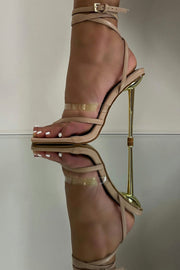 Nude Faux Leather Lace Up Clear Perspex Square Toe Metallic Heel