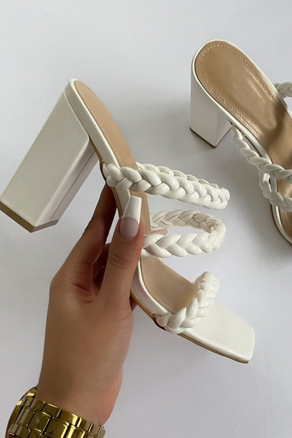 White Knotted Strap Block Heel Mules - MomyMall