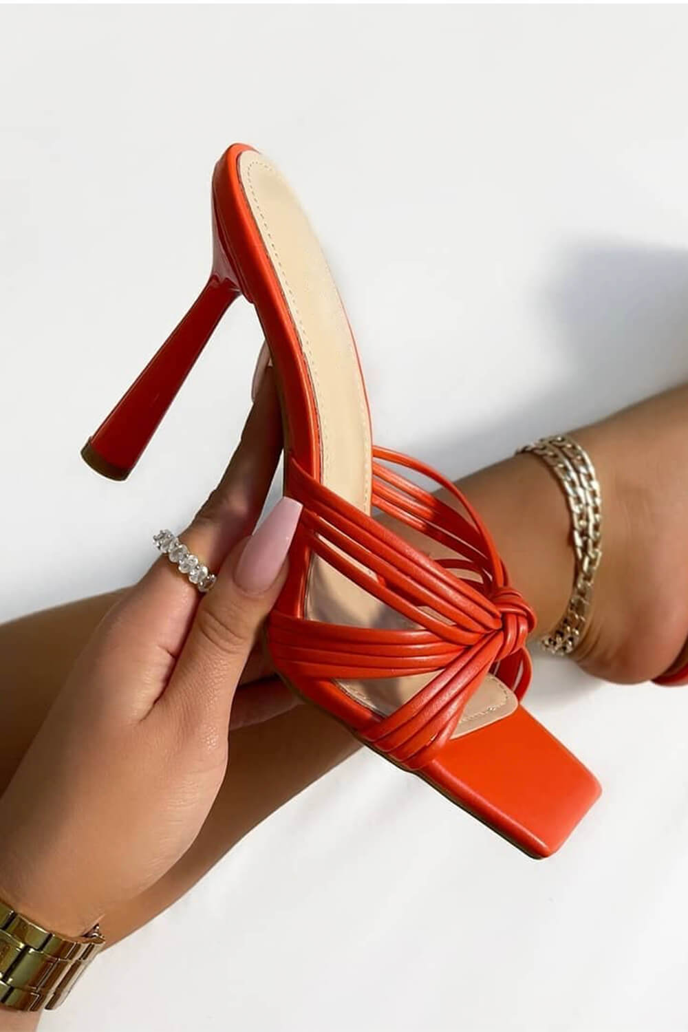 Orange Strappy Knot Detail Perspex Sculptured Mules - MomyMall