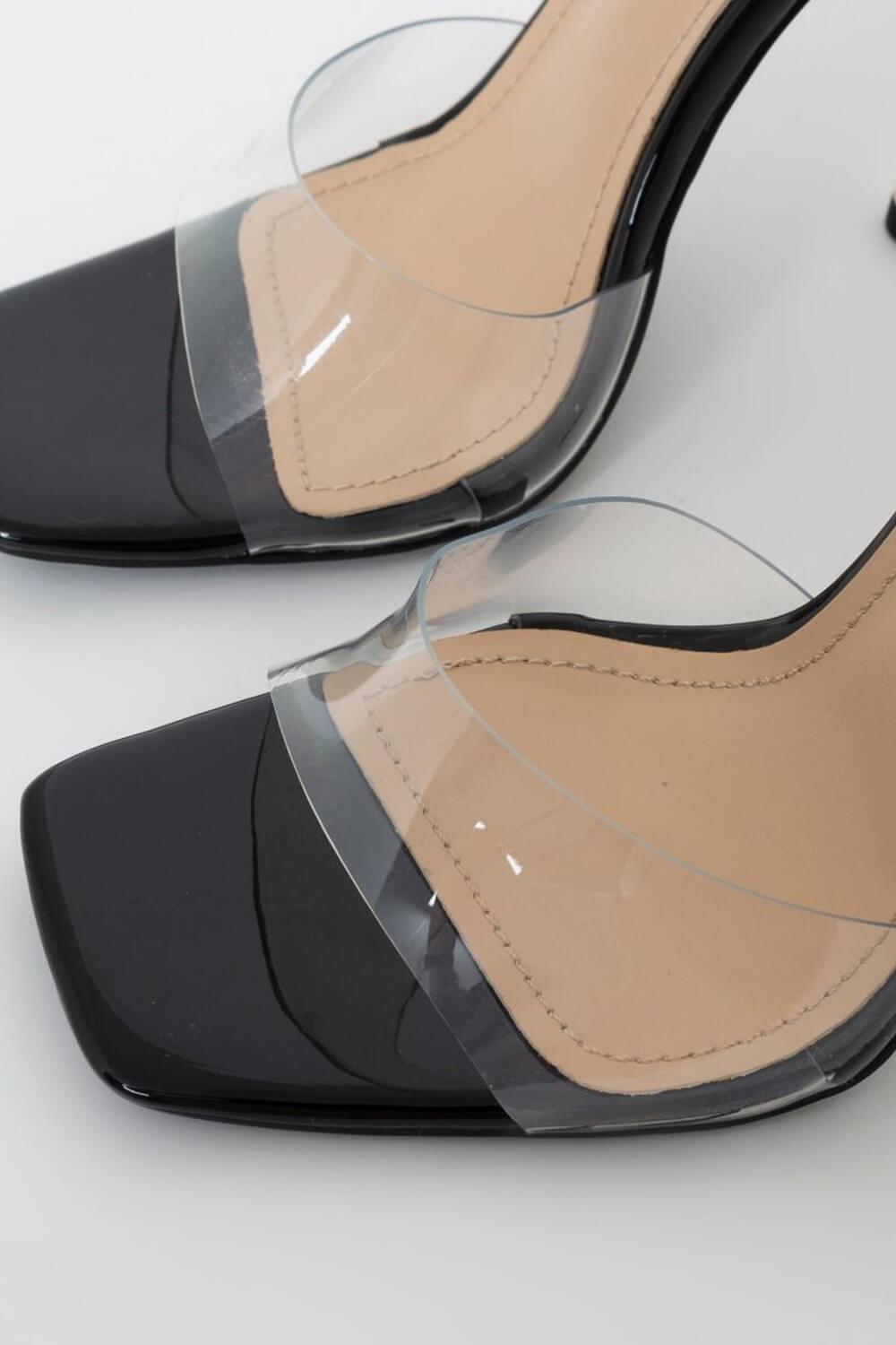 Mules noires à talons blocs et boucles transparentes avec chaîne